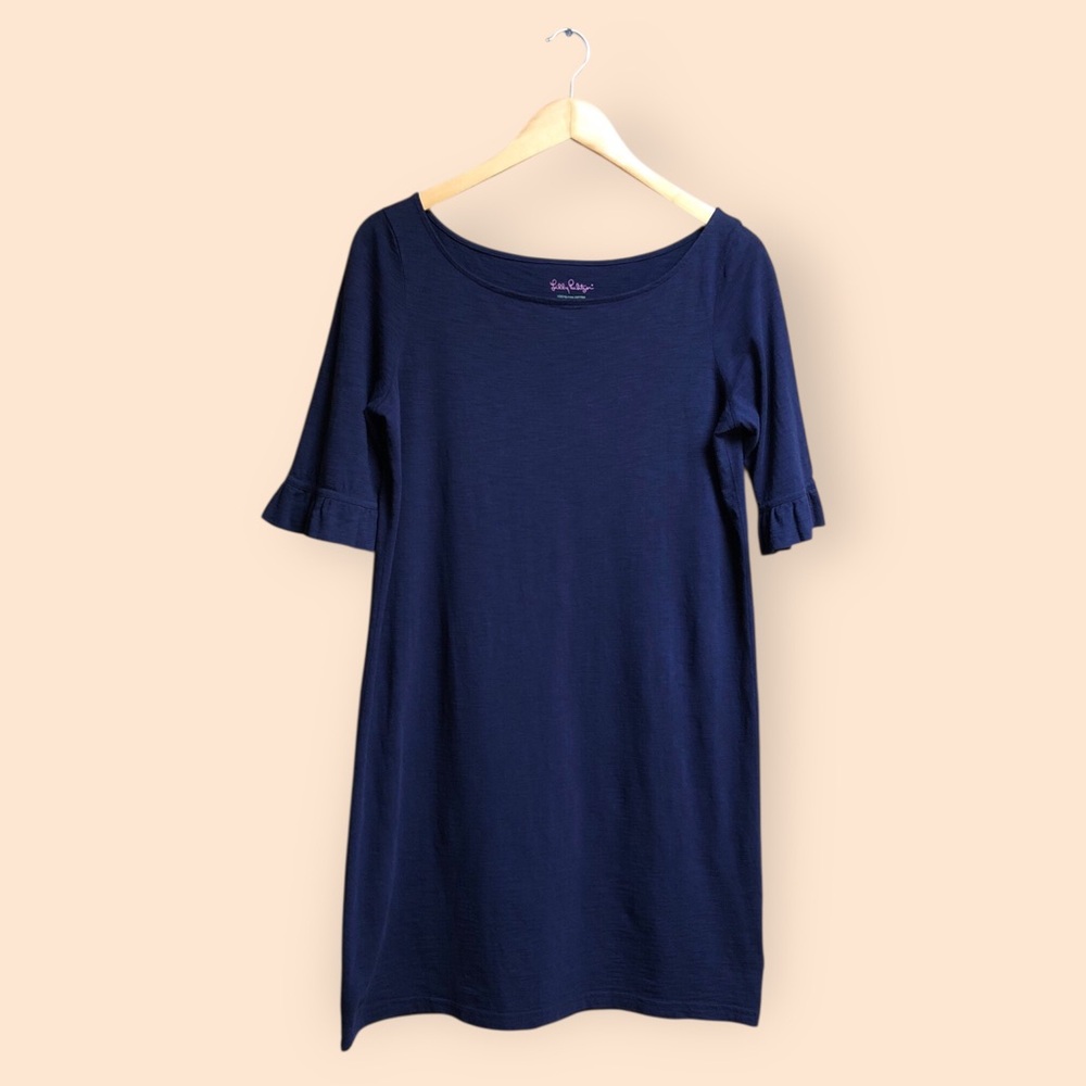 Lilly Pulitzer Somerset Dress Navy Blue Ruffle Sleeve Pima Cotton Women’s Medium
